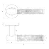 Technische tekening met maatvoering van Cosenza deurklink Knurled look