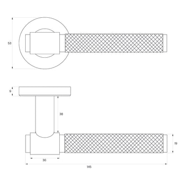 Technische tekening met maatvoering van Cosenza deurklink Knurled look