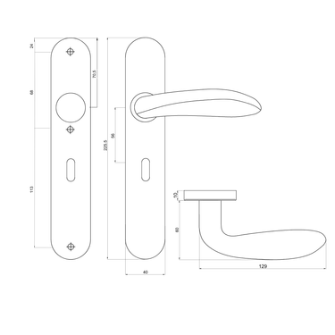 Tekening met afmeting van Benevento deurklink op schild met SL56 steekmaat