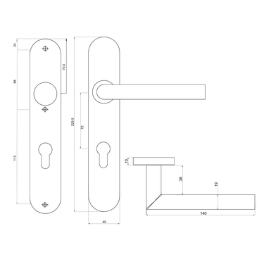 Tekening met afmetingen van deurklink Mantua op schild PC72