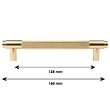 Maatschets met technische gegevens van de gouden Ribbel meubelgreep 160mm lengte.